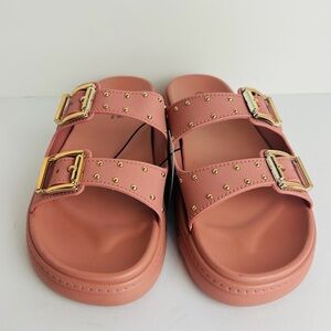 NWT Niki Slip On Sandals Women's 8 Pink Wide Strap Gold Buckle Studded Sandals
